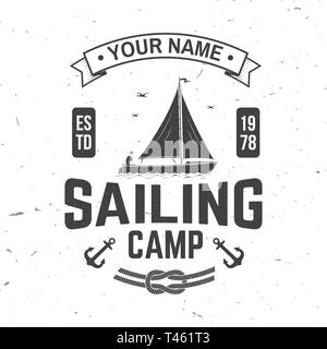 Sailing camp badge. Vector illustration. Concept for shirt, print, stamp or tee. Vintage typography design with man in sailboats silhouette. Sailing on small boat. Ocean adventure. Stock Vector
