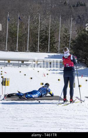 Athletes compete in the 2019 Chief, National Guard Bureau Biathlon Championship Patrol Race, Camp Ethan Allen Training Site, Jericho, Vt., Feb. 28, 2019. The CNGB Championships consist of the sprint, pursuit, patrol, and relay race. Stock Photo