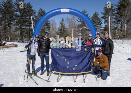 Athletes compete in the 2019 Chief, National Guard Bureau Biathlon Championship Patrol Race, Camp Ethan Allen Training Site, Jericho, Vt., Feb. 28, 2019. The CNGB Championships consist of the sprint, pursuit, patrol, and relay race. Stock Photo