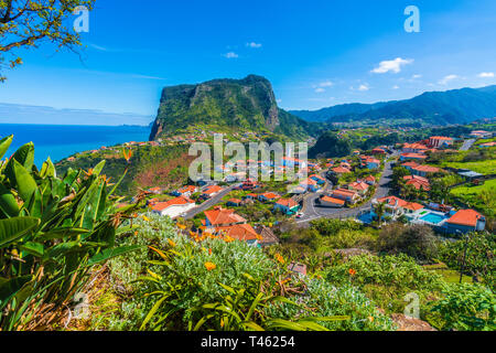 View of  Sao Roque do Faial village and mountain from Faial fortress on Madeira island, Portugal Stock Photo