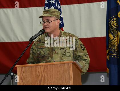 Oregon Air National Guard Maj. Gen. Michael Stencel, Adjutant General, Oregon, addresses Oregon Air National Guard members of the 142nd Fighter Wing and others in attendance during a formal mobilization ceremony held at the Portland Air National Guard Base, Portland, Oregon, March 2, 2019. A total of 112 service members from the Wing are deploying over the coming months to assignments with United States Africa Command (AFRICOM) and United States Central Command (CENTCOM) and other international missions. (Air National Guard Stock Photo