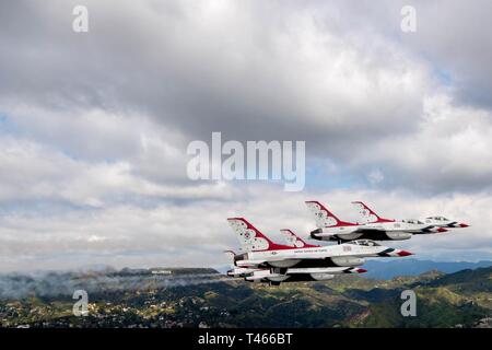 The United States Air Force Air Demonstration Squadron “Thunderbirds” perform a practice flyover for the Captain Marvel world premiere Mar. 4, 2019, Los Angeles, CA.  The flyover is a unique moment to honor the men and women serving in the Armed Forces who are represented in Captain Marvel. Stock Photo