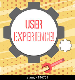 Conceptual hand writing showing User Experience. Concept meaning demonstratings emotions and attitudes about using product system Wheel Gear and Wrenc Stock Photo