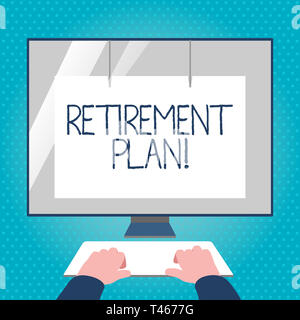 Text sign showing Retirement Plan. Business photo text income goals actions and decisions necessary achieve goals Hands on Mockup Keyboard Front of Bl Stock Photo