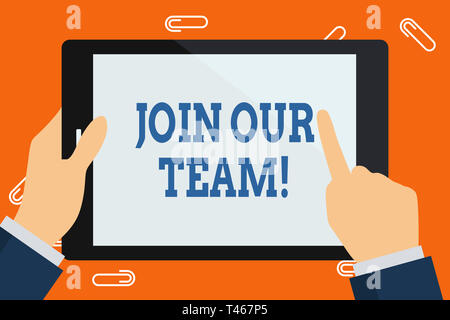 Word writing text Join Our Team. Business photo showcasing asking someone to join the team. Hiring new employees Hand Holding Pointing Touching Blank  Stock Photo