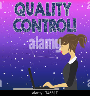 Handwriting text Quality Control. Conceptual photo system of maintaining standards in analysisufactured products photo of Young Busy Woman Sitting Sid Stock Photo