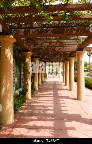 SANTA BARBARA, CALIFORNIA - APRIL 11, 2019: Colonnade at The Reagan Ranch Center in the heart of downtown Santa Barbara. Stock Photo