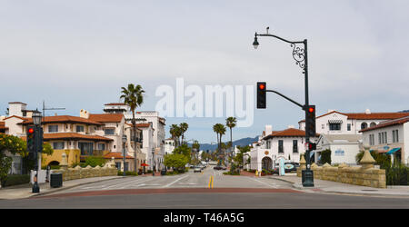 SANTA BARBARA, CALIFORNIA - APRIL 11, 2019: State Street seen from the start of Stearns Wharf Stock Photo