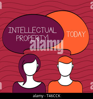 Handwriting text Intellectual Property. Conceptual photo Ownership of an idea or design by the demonstrating Blank Faces of Male and Female with Color Stock Photo