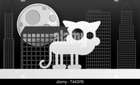 Paper Cat On The Roof Of The House Vector Illustration Night City Stock Vector