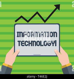 Word writing text Information Technology. Business photo showcasing Science and activity of using computer systems Hand Holding Blank Screen Tablet un Stock Photo