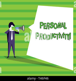 Word writing text Personal Productivity. Business photo showcasing means the state or quality of being productive Businessman Shouting on Megaphone an Stock Photo