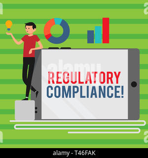 Word writing text Regulatory Compliance. Business photo showcasing organization s is adherence to laws and regulations Man Leaning on Blank Smartphone Stock Photo