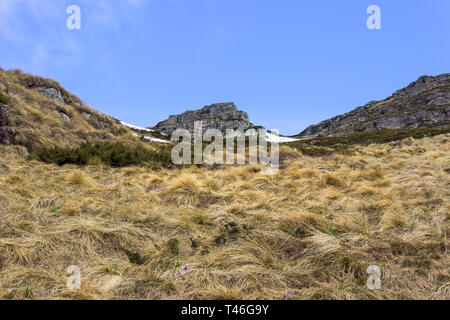 Impressive, rocky, iconic, sunlit Kopren summit on Old mountain and blue sky with white clouds Stock Photo