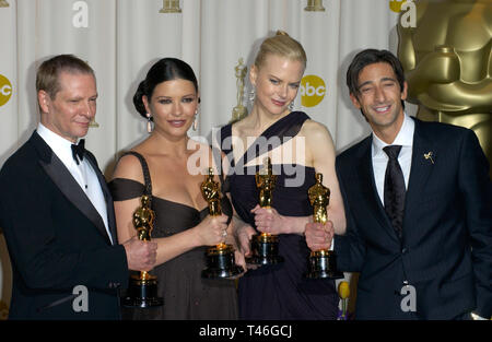 LOS ANGELES, CA. March 23, 2003: CHRIS COOPER (left), CATHERINE ZETA-JONES, NICOLE KIDMAN & ADRIEN BRODY at the 75th Academy Awards at the Kodak Theatre, Hollywood, California. March 23, 2003 Stock Photo