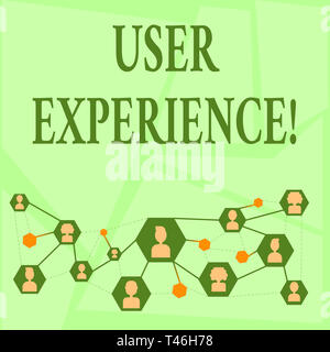 Writing note showing User Experience. Business concept for demonstratings emotions and attitudes about using product system Chat icons with Avatar Con Stock Photo