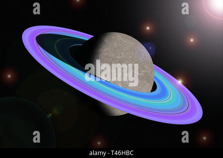 Computer processing of Saturn in space with various light details and stars Stock Photo