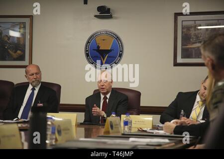 PENSACOLA, Fla. (March 13, 2019) Charles Drummond, deputy assistant secretary of defense for education and training in the Office of the Assistant Secretary of Defense for Readiness, discusses topics such as credentialing; Ready, Relevant Learning; and information technology transformation initiatives during a visit to Naval Education and Training Command. Stock Photo