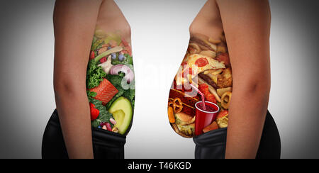 Child nutrition choice eating unhealthy diet or healthy food as a side view of a fat and normal kid with the stomach made from junk food or health. Stock Photo