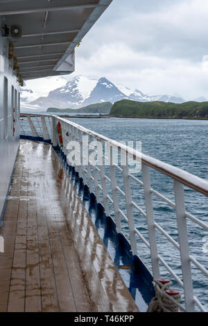 View of Prion Island on a cloudy day from outside deck of cruise ship, South Georgia, Atlantic Ocean