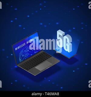 5G Wireless Network Systems. Mobile Internet Technology. Laptop and phone isometric banner 5G Network Technology. Vector illustration Stock Vector