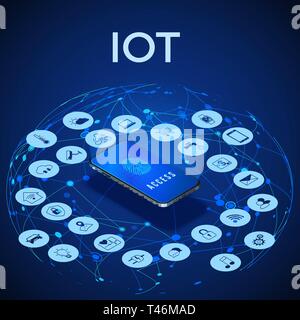IOT isometric concept. Digital global ecosystem. Monitoring and control by smartphone. Vector illustration Stock Vector