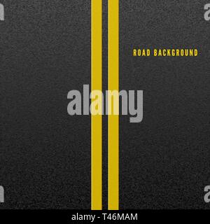 Structure of granular asphalt. Abstract road background. Asphalt texture with two yellow line road marking. Vector illustration Stock Vector