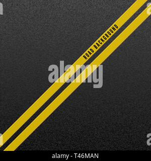 Abstract road background. Structure of granular asphalt. Asphalt texture with two yellow line road marking. Vector illustration Stock Vector