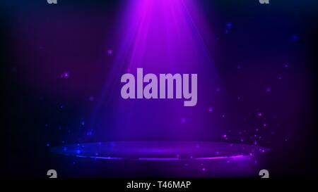 Scene illuminated with purple light. Magic party background with glitter particles. Vector illustration Stock Vector