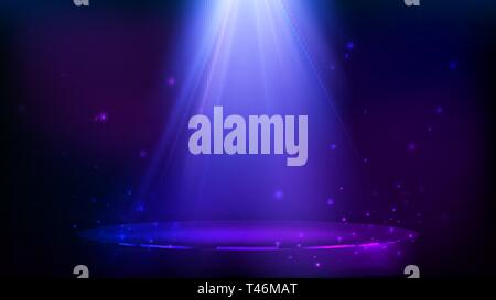 Stage spot lighting. magic light and particles. Blue and purple background. Vector illustration Stock Vector