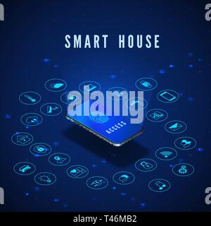 Smart House Banner. Smartphone with Fingerprint on Screen and Icons Set. Smart Home Monitoring and Control Systems. Vector Illustration Stock Vector