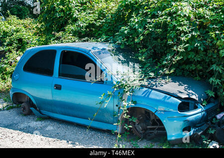 Old crushed cars bodies stored in auto wrecking junk yard for scrap and spare parts Stock Photo