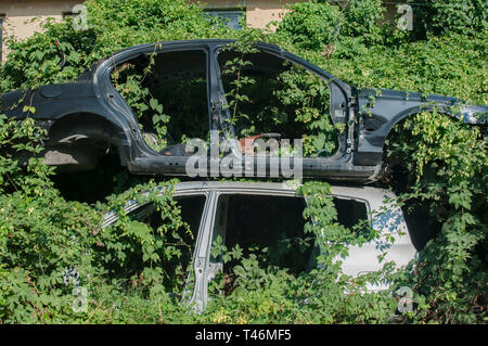 Old crushed cars bodies stored in auto wrecking junk yard for scrap and spare parts Stock Photo