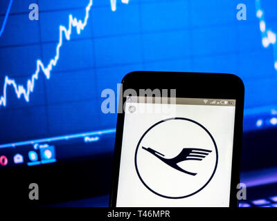 In this photo illustration a Deutsche Lufthansa AG logo seen displayed on a smart phone Stock Photo
