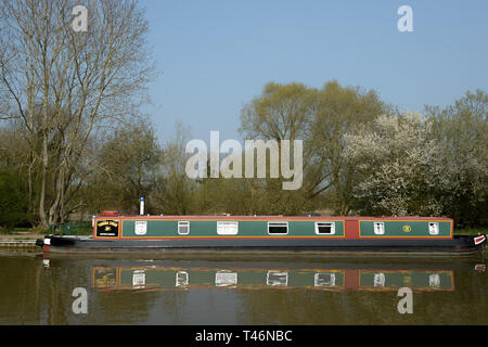 Canal boat moored at Foxton locks on the Grand Union canal Stock Photo