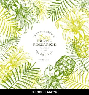 Pineapples and tropical leaves design template. Hand drawn vector tropical fruit illustration. Engraved style ananas fruit banner. Retro botanical frame. Stock Vector