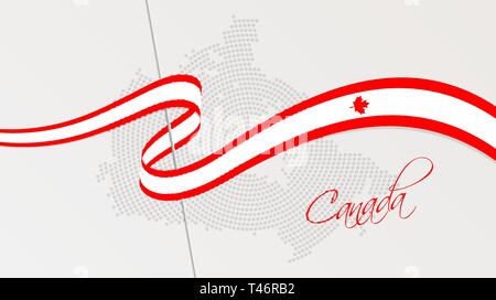 Vector illustration of abstract radial dotted halftone map of Canada and wavy ribbon with Canadian national flag colors for your design Stock Vector