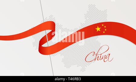 Vector illustration of abstract radial dotted halftone map of China and wavy ribbon with Chinese national flag colors for your design Stock Vector