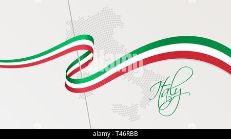 Vector illustration of abstract radial dotted halftone map of Italy and wavy ribbon with Italian national flag colors for your design Stock Vector