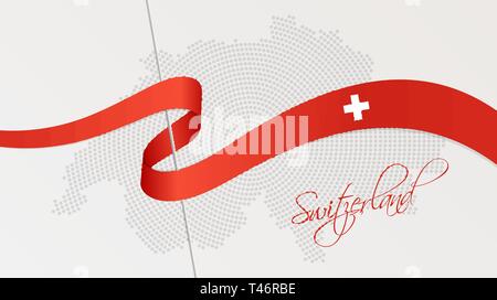 Vector illustration of abstract radial dotted halftone map of Switzerland and wavy ribbon with Swiss national flag colors for your design Stock Vector