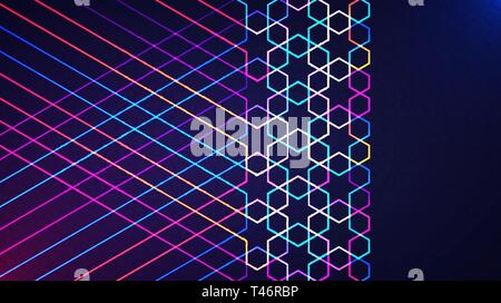 Eid Mubarak poster, banner or greeting card design. Vector illustration of abstract light background with glowing neon geometric islamic pattern Stock Vector