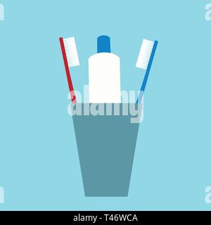 Flat design illustration of two toothbrushes and tubes of toothpaste in a cup. Dental care isolated on blue-green background - vector Stock Vector