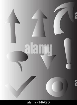Set of characters - isolated arrows, cursor, exclamation mark on gray GRADIENT background. Stock Vector