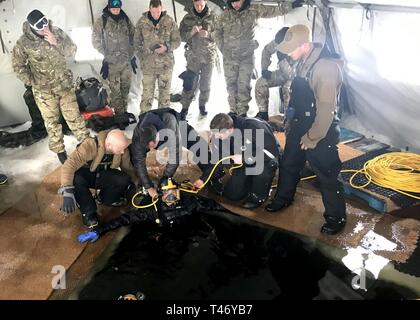 BRITISH COLUMBIA, Canada (Mar. 12, 2019) – U.S. Navy Chief Builder Adam Perry (standing, right) supervises Construction Mechanic 1st Class John Monahan, both assigned to Underwater Construction Team 1, as hands-on checks of the diver’s equipment are competed prior to their descent into a lake during the Royal Canadian Navy’s Ice Diving Training Exercise 2019.  Over the course of two weeks, clearance divers from Navy Expeditionary Combat Command’s Underwater Construction Teams 1 and 2 and Mobile Diving and Salvage Units 1 and 2 joined U.S. Coast Guard, Royal Navy, and Royal Canadian Navy cleara Stock Photo