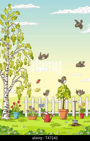 Spring landscape with birds, flowers, trees and gardening tools.  Stock Vector
