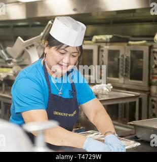 SEA (March 15, 2019) – Marites Dizon, a Military Sealift Command civilian mariner aboard the Blue Ridge-class amphibious command ship USS Mount Whitney,  works in the galley to prepare lunch for the over 300 Sailors and civilian mariners aboard. Mount Whitney, forward- deployed to Gaeta, Italy, operates with a combined crew of U.S. Navy Sailors and Military Sealift Command civil service mariners. Stock Photo