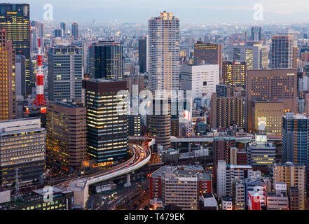 Aerial view of skyscrapers and office buildings of Umeda district. Osaka, Japan Stock Photo