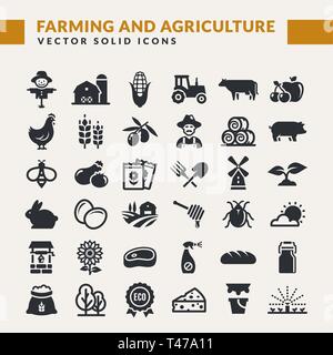 Farming and agriculture icon set. Vector isolated farm and countryside symbols: cereal crop, fruit, vegetables, dairy products, animals, plants, tools Stock Vector