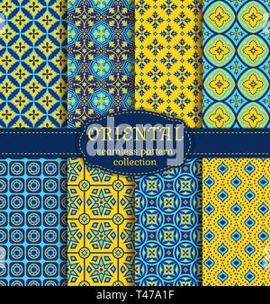 Eastern seamless patterns. Set in blue, indigo and yellow colors. Colorful collection of stylized oriental ornaments. Vector abstract backgrounds. Stock Vector