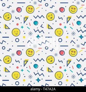 Cute seamless pattern with emoji and abstract geometric shapes in memphis style. Trendy vector background in white, blue, yellow and red colors. Stock Vector